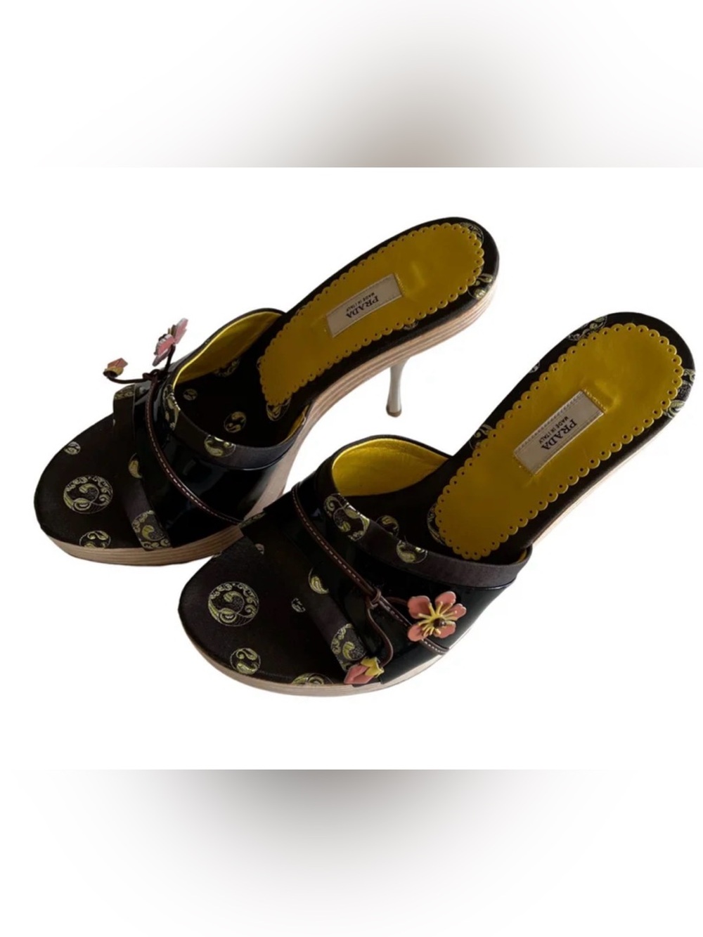 Prada Black Satin Heeled Mules with Yellow Insole and Pink Flower Charms